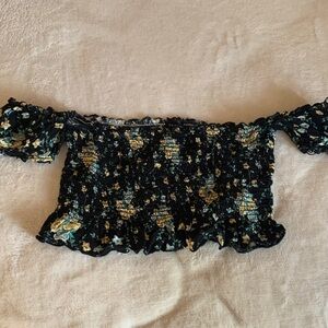 Elegant Black Floral Smocked Crop Top
